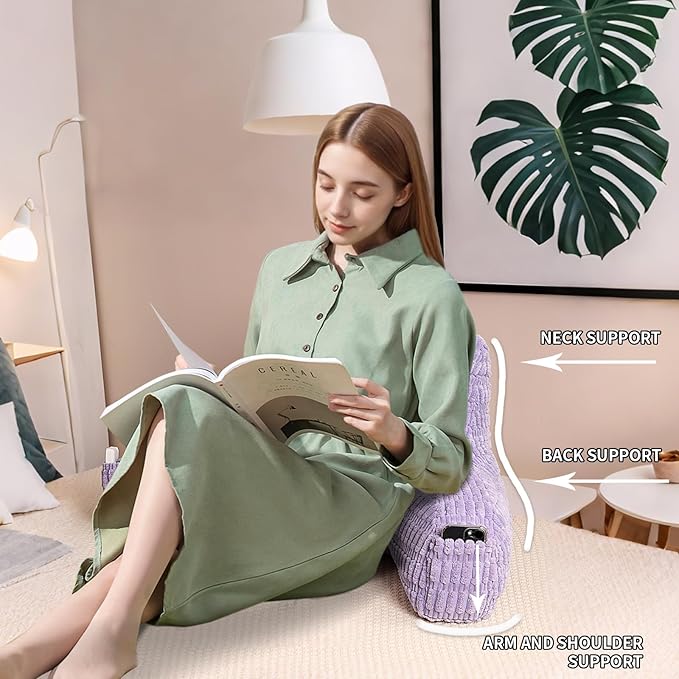 Reading Pillow for Sitting in Bed, Large Backrest Reading Pillow with Arm Rest,Back-Rest Support Cushion for Sit Up on Couch, Sofa, and Floor (Light Purple Corduroy, Standard(17"))