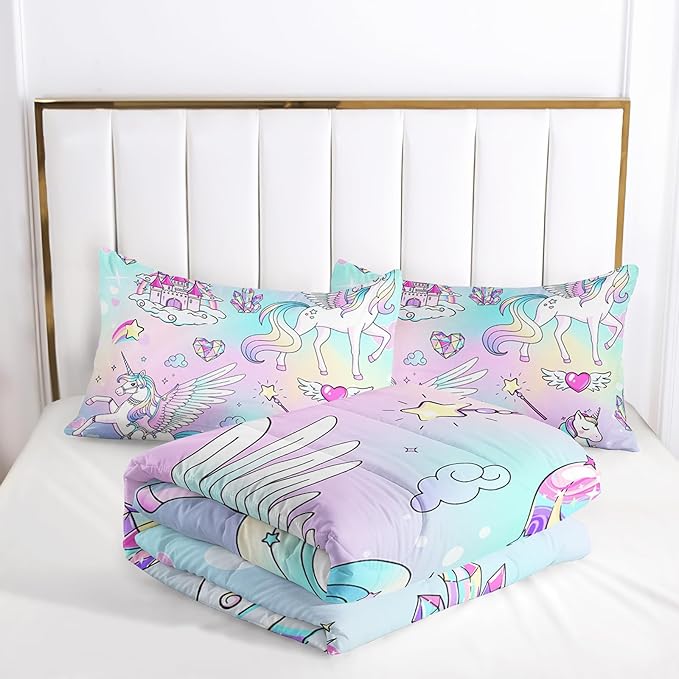 Kawaii Unicorn Bedding Set for Girls Kids Full Size, Pink Colorful Comforter Set for Girls Bedroom Recor with 2 Pillowcases
