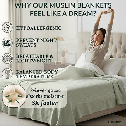 Cloud Scape Linen 100% Cotton 8 Layer Twin Size Muslin Blanket - Breatheable and Soft Winter Blanket for Bed, Couch and Sofa, Oversized Fits up to Twin XL, Best Gift Idea, 68x92, Seafoam