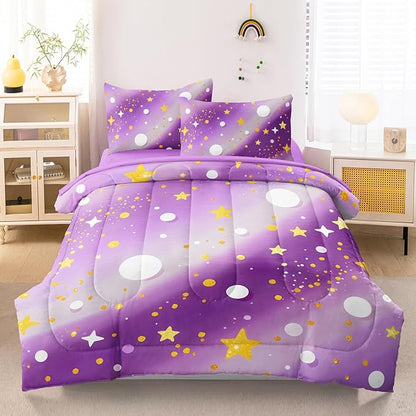 5 Pcs Twin Bedding Sets for Girls, Purple Glitter Rainbow Bed in A Bag Twin Size Bed Set, Stars Galaxy Bedding Comforter Set for Girls