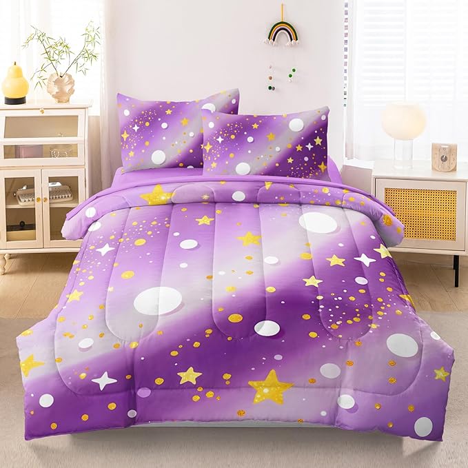 3 Pcs Twin Bedding Sets for Girls, Purple Glitter Rainbow Twin Size Bed Set, Stars Galaxy Bedding Comforter Set for Girls