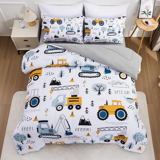 NTBED Construction Truck Twin Comforter Set for Boys Kids Forest Vehicles Excavator Lightweight Microfiber Bedding Sets