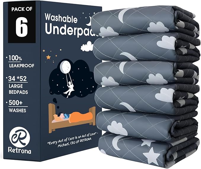 Retrona® Washable Underpads 34" x 52" Pack of 6 Heavy Absorbency Reusable Bedwetting Incontinence Pads for Adults, Kids, & Pets - Waterproof Protective Pad for Bed, Couch, Sofa, Floor (6 Pack - 34x52)