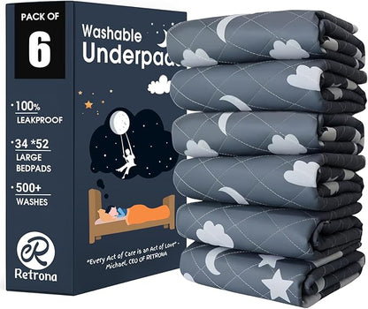 Retrona® Washable Underpads 34" x 52" Pack of 6 Heavy Absorbency Reusable Bedwetting Incontinence Pads for Adults, Kids, & Pets - Waterproof Protective Pad for Bed, Couch, Sofa, Floor (6 Pack - 34x52)