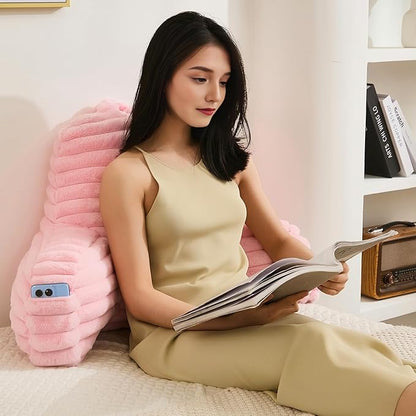 Faux Fur Fluffy Pink Reading Pillow with Pockets, Luxury Striped Plush Decorative, Arm Rests and Back Support for Bed Rest, Lounging on Sofa, Extra Large Size for Adult.