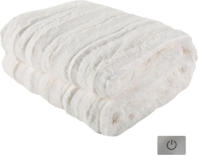 Electric Heated Blanket Throw Size 50" x 60", Super Cozy Warmth Soft with 4 Heating Levels & 10 Hours Auto Off, Plush Faux Fur, Machine Washable, Home Office Use, Striped White