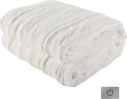 Electric Heated Blanket Throw Size 50" x 60", Super Cozy Warmth Soft with 4 Heating Levels & 10 Hours Auto Off, Plush Faux Fur, Machine Washable, Home Office Use, Striped White