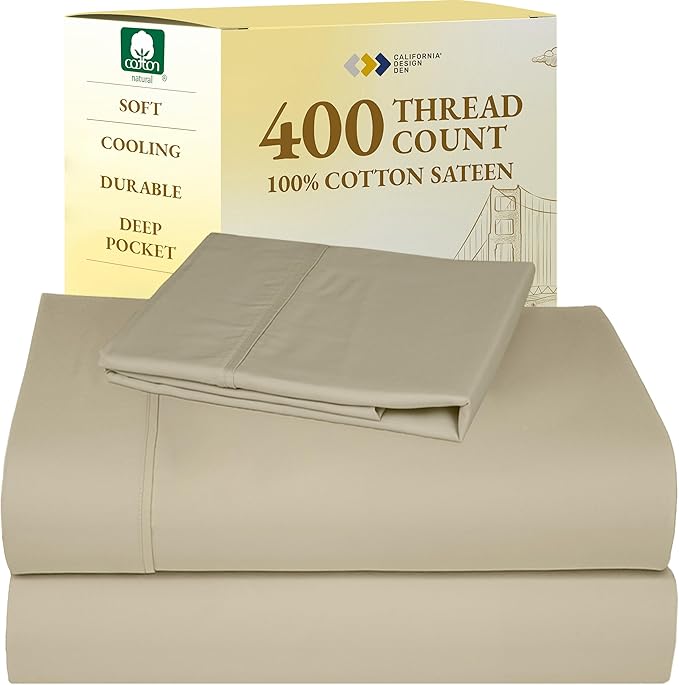 California Design Den Soft Twin Sheets Set - 400 Thread Count Sateen, Natural 100% Cotton Sheets, Deep Pockets, and Durable Bedding Set for Dorm Rooms & Adults - Beige (Golden Tone)