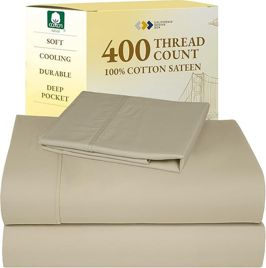 California Design Den Soft Twin Sheets Set - 400 Thread Count Sateen, Natural 100% Cotton Sheets, Deep Pockets, and Durable Bedding Set for Dorm Rooms & Adults - Beige (Golden Tone)