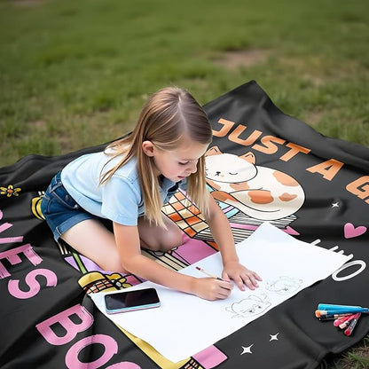Cat Lover Blanket, Just A Girl Who Loves Books Blanket, Soft Warm Cozy Fleece Throw, Gifts for Girls Women Kids, 40"x50", Black