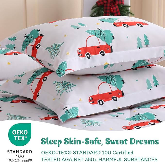 JSD Cars Kids Christmas Comforter Set Twin Size, 2 Piece Tree Printed Microfiber Holiday Winter Bedding Set