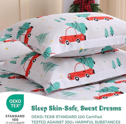 JSD Cars Kids Christmas Comforter Set Twin Size, 2 Piece Tree Printed Microfiber Holiday Winter Bedding Set