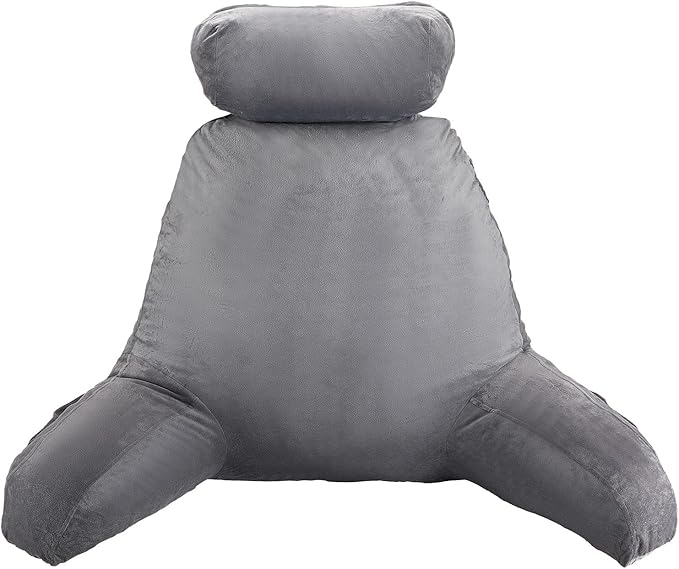 VEVOR Reading Pillow, Extra Large Bed Pillow for Sitting Up with Removable Headrest &3 Pockets, Back Pillow for Bed with Shredded Memory Foam, Pillow with Arms for Reading, Gaming, Resting, Grey