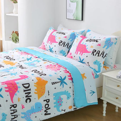 Wajade 7 Piece Kid Girls Dinosaur Comforter Set Queen Size 3D Pink Dinosaur Wild Park Jungle Print Bedding Set with Comforter, Sheet Set, Pillowcase and Sham