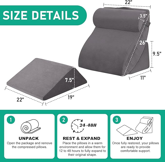 4PCS Wedge Pillow Set for After Surgery, Orthopedic Bed Wedge Pillow for Back Pain Relief, Sitting Up in Bed, Acid Reflux, Adjustable Post Surgery Pillows for GERD, Snoring, Velvet Grey