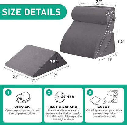 4PCS Wedge Pillow Set for After Surgery, Orthopedic Bed Wedge Pillow for Back Pain Relief, Sitting Up in Bed, Acid Reflux, Adjustable Post Surgery Pillows for GERD, Snoring, Velvet Grey