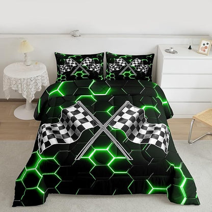 Black White Checkered Flag Comforter Set King Size,Neon Green Light Honeycomb Hexagon Bedding Sets 3pcs for Kids Boys Teens Men Cool 3D Black Quilted Duvet Race Car Duvet Insert Bedroom Decor