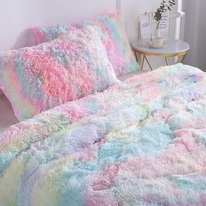 Wajade Faux Fur Plush Rainbow Comforter Set Fluffy Fuzzy Shaggy Bedding Set - 3PC King Size Microfiber Soft Warm Quilt Set