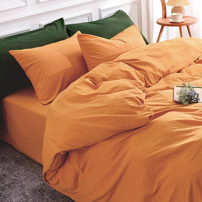 NEXHOME PRO Duvet Cover Set Oversized Queen 98"x98" Linen Look Textured Organic Natural 100% Washed Cotton Duvet Cover 3 Pieces Bedding Set Zipper Closure, Breathable, Halloween Orange(No Comforter)
