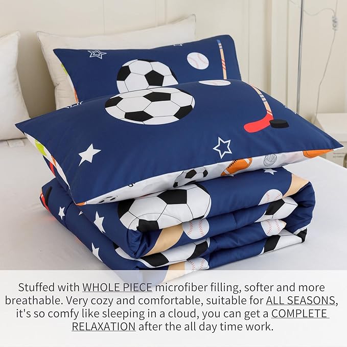 RYNGHIPY Kids Sports Theme Bedding Set, Basketball Football Baseball Tennis Print Comforter Set for Teens Boys Girls, Super Soft Lightweight (Balls,Twin)