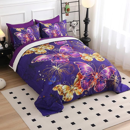 7 Piece Butterflies Comforter Set Queen Size 3D Gold Violet Butterflies Bedding Set for Kids Girls Women for Birthday Christmas Gift