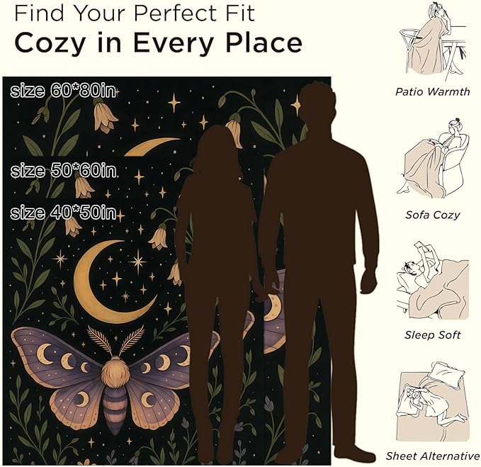 Moth Moon Blanket Gifts for Boys Girls Kids, Mystical Celestial Warm Soft Flannel Throw Blankets for Travel, Sofa, Living Room, Bedroom Decor, 50x60 in