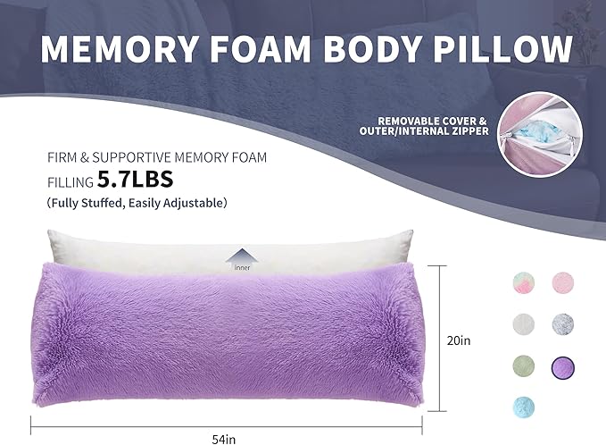 Purple Body Pillow for Day Bed Queen Bed Set 20x54 King Size Lumbar Pillows Hug Pregnancy Purple Sleep Therapy Body Pillow Full Body Pillows for Adults Back Pain Machine Washable