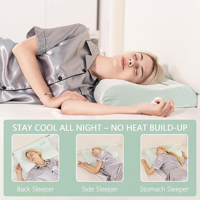 2 Pack Extra Soft Cooling Memory Foam Pillows – Wave-Shaped Contour Bed Pillows with Ice-Feel Breathable Covers, Ergonomic Support for Neck, Ideal for Side & Back Sleepers