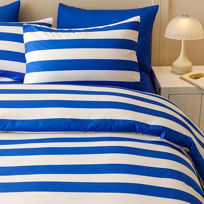 Wellboo Blue White Striped Comforter Sets Cal King Navy Blue Striped Bedding Comforters California King Modern Boho Black Geometric Quilts Blue and White Ticking Stripe Quilt Preppy Vertical Lines Bed