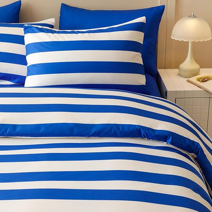 Wellboo Blue White Striped Comforter Sets Queen Navy Blue Striped Bedding Comforters Cotton Men Boys Modern Boho Black Geometric Quilts Blue and White Ticking Stripe Quilts Preppy Vertical Lines Bed