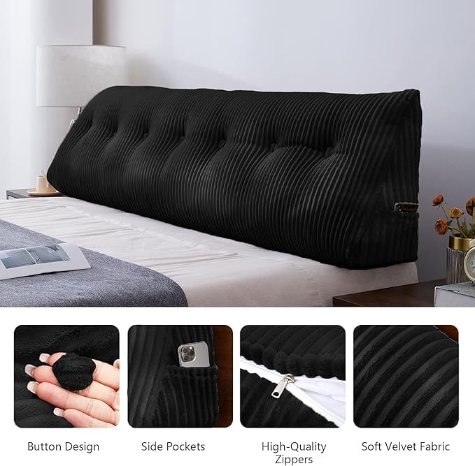 SLIGUY Large Headboard Pillow, Headboard Wedge Pillow Bed Rest Reading Pillow Bolster Triangular for Sitting in Bed-Backrest Positioning Support Long Pillow for Daybed (Full: 54x8x20 Inches,Black)