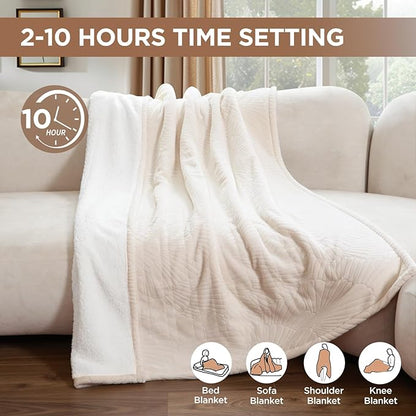 Westinghouse Electric Throw Blanket, Flannel Sherpa Heated Throw with 6 Heating Levels and 2-10 Hours Auto-Off, Flower Jacquard Heated Blanket, Fast Heating & ETL Certification, 50" x 60" Inch, Beige
