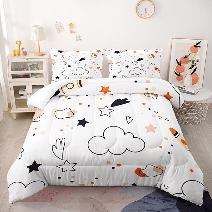 Space Comforter Set Twin Size for Kids Teens and Adults Cartoon Rockets and Clouds Printed Quilt Set for Bedroom 100% Soft Microfiber All Season Print Quilt Set with 1 Comforter and 2 PillowCases