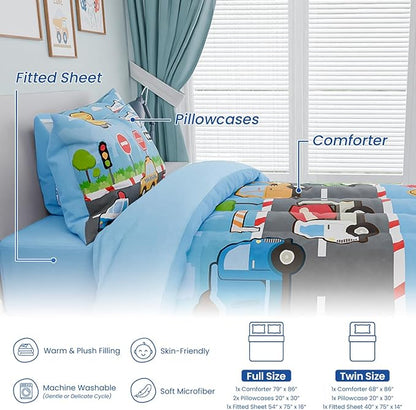 Transportation Kids Bedding Set for Boys, Ultra Soft Microfiber Comforter Set Twin Size with 3-Pieces, Comforters Bed Sets for Boy Children Kids