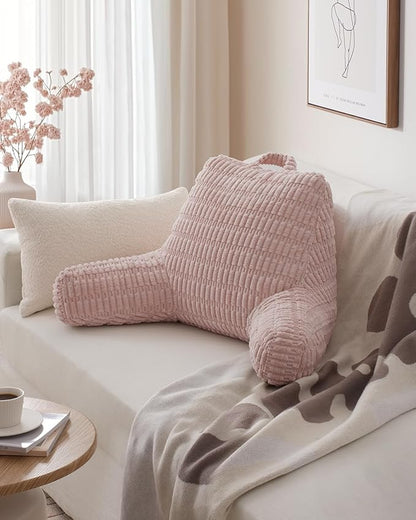 Blissful Diary Reading Pillow, Backrest Pillow with Shredded Memory Foam for Adult & Children, Designed for Bed and Couch Sitting Up, Includes Arms, Pockets and Washable Cover, Pale Pink