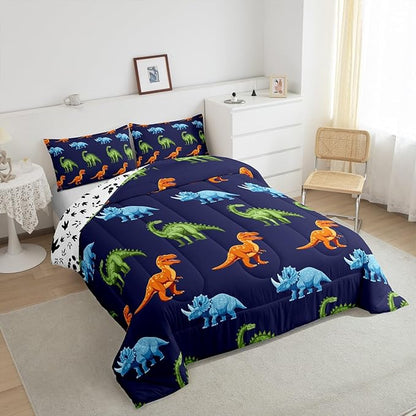 Feelyou Cartoon Dinosaur Bedding Set Queen, Dark Blue Dinosaur Comforter Set for Kids Dinosaurs Print Comforter Boys Girls Jungle Dino Duvet Set Breathable Bedroom Decor with 2 Pillow Case