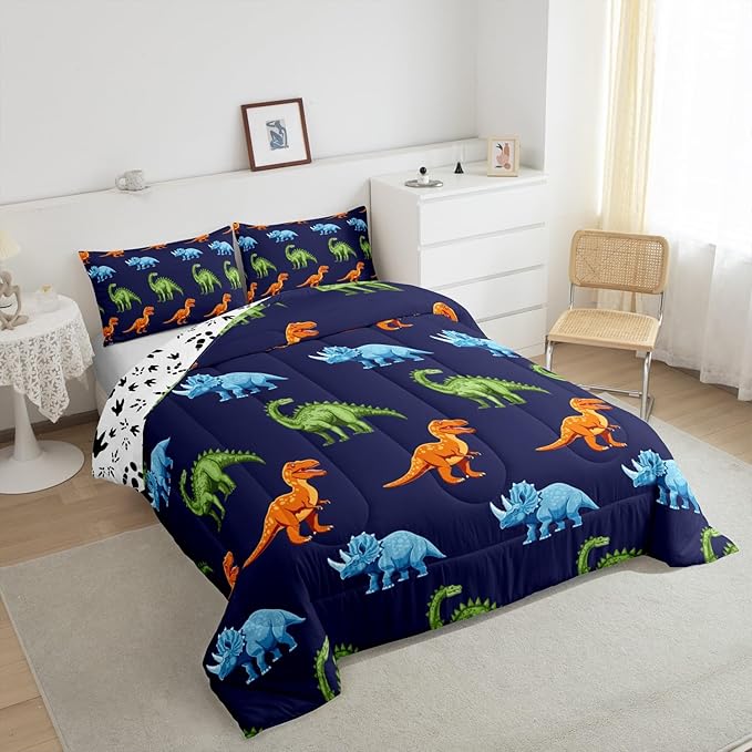 Feelyou Cartoon Dinosaur Bedding Set King, Dark Blue Dinosaur Comforter Set for Kids Dinosaurs Print Comforter Boys Girls Jungle Dino Duvet Set Breathable Bedroom Decor with 2 Pillow Case