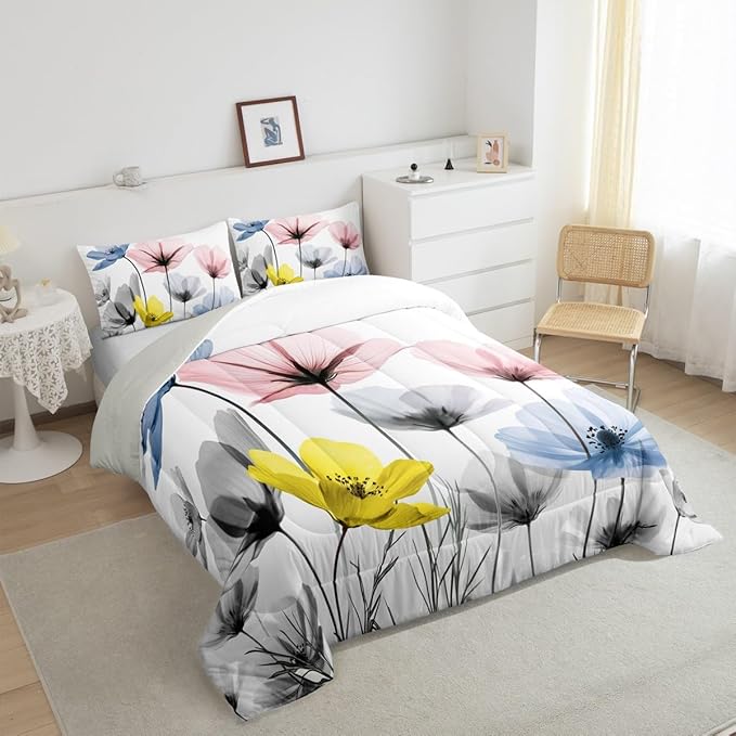 Erosebridal Cute Colorful Floral Full Comforter Set,Pink Blue Gray Flower Bedding Sets for Kids Girls Boys,Boho Flowers Wildflower Bed Set Country Room Decor with 2 Pillowcases,Breathable