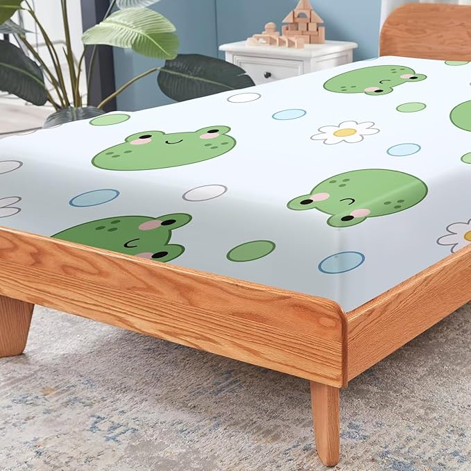 Frog Sheets Set Twin: Kawaii Flower Frogs Bedding for Kids Girls Teens Bedroom Bed - 1 Flat Sheet, 1 Fitted Sheet, 1 Pillowcase