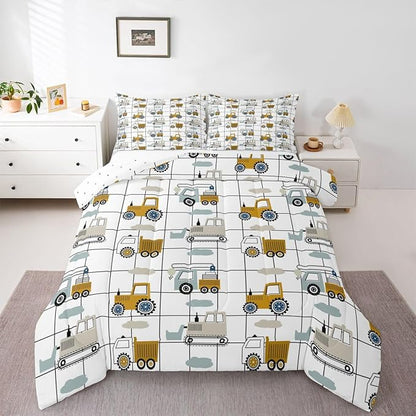 Feelyou Construction Truck Comforter Set Queen Size Kids Machinery Truck Excavators Vehicles Comforter for Boys Teens Cartoon Tractor Bedding Set Excavator Tractor Plaid Grid White Duvet Set Quilt Set