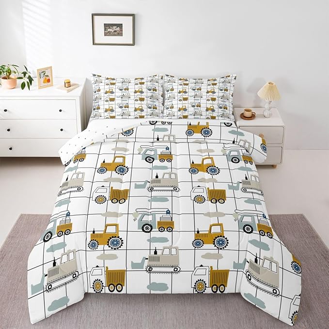 Feelyou Construction Truck Comforter Set King Size Kids Machinery Truck Excavators Vehicles Comforter for Boys Teens Cartoon Tractor Bedding Set Excavator Tractor Plaid Grid White Duvet Set Quilt Set