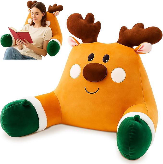 Breling Christmas Reading Pillows Reindeer Pillow Gifts for Bed Sitting up, 30" x 19.7" Large Backrest Cushion with Arms Back Support for Reading Rest Sit up on Couch Sofa Floor
