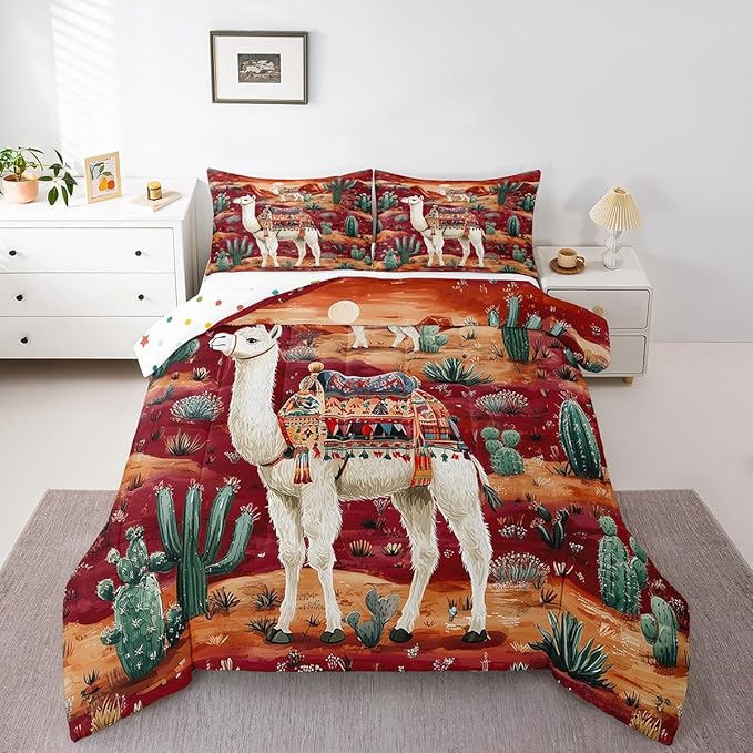 Boho Alpaca Comforter Set King Size for Kids Western Desert Cactus Bedding Sets All Season Exotic Tribal Style Quilt Set Bedroom Decor Cute Tropical Animal Down Comforter,3Pcs