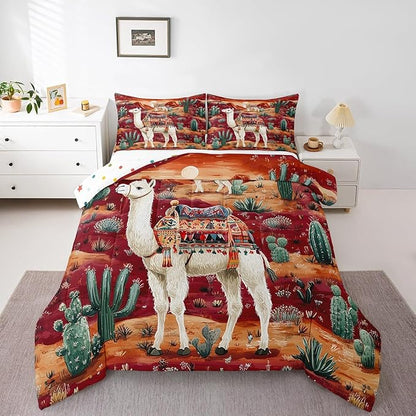 Boho Alpaca Comforter Set Full Size for Kids Western Desert Cactus Bedding Sets All Season Exotic Tribal Style Quilt Set Bedroom Decor Cute Tropical Animal Down Comforter,3Pcs