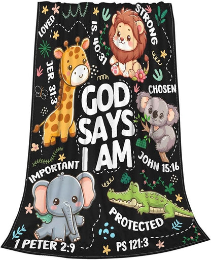 Bible Verse Blanket, Christian Gifts, God Says I am Blankets,Giraffe Lion Koala Elephant Print Animal Blankets, Cute Religious Baptism Gift for Son,Animals Lover Room Bed Decoration, 60"x80"