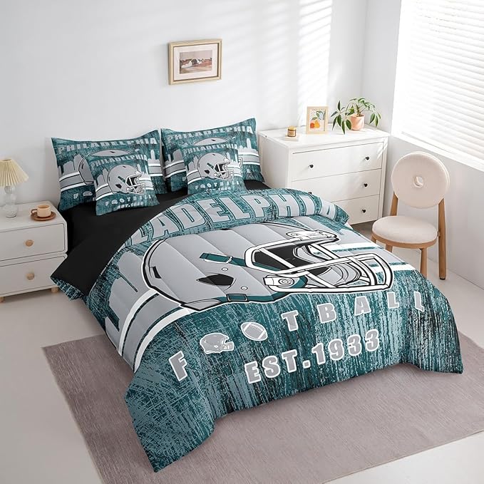 Erosebridal 7Pcs Boys Classic Football Seasonal Bedding Set Sports City Rugby Decor Bed in A Bag, Football Game Theme Comforter Sets with Sheets Grey and Turquoise Sports Helmet Bed Set King Size