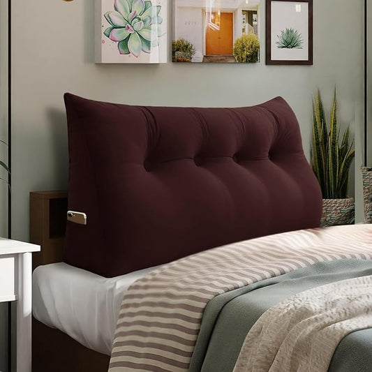 10 lbs Thickened Full Headboard Pillow for Sitting Up in Bed, Back Support Reading Pillow with Side Pocket and Velvet Removable Cover, Triangular Large Wedge Headboard Pillow
