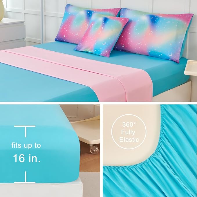 URBONUR 6Pcs Gradient Glitter Comforter Set for Girls Twin Size Colorful Rainbow Pink Blue Bedding Set, Soft & Breathable Kids Bed in a Bag