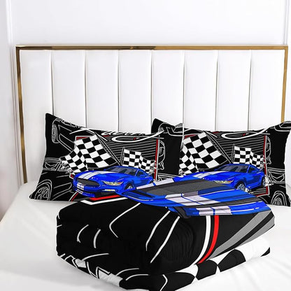 AILONEN Blue Racing Car Comforter Set Twin Size, Racing Flag Black White Bedding Set for Boys Kids Teens,Extreme Sports Bed in a Bag 3Pcs,1 Quilt and 2 Pillowcases,Soft Microfiber for All Season