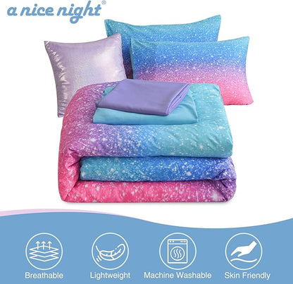 A Nice Night 6Pcs Gradient Glitter Bedding Set for Girls Full Size, Colorful Rainbow Galaxy Comforter Set, Ultra Soft Bedding Sets, Blue